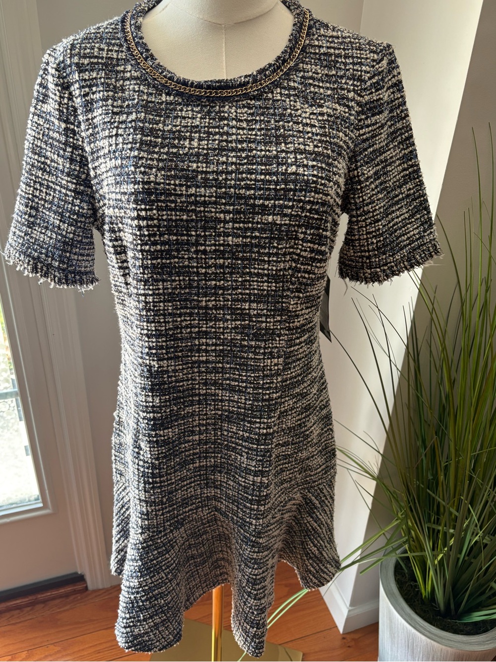 NWT Jessica Howard Black and White Tweed  Cocktail Dress with Chain Trim